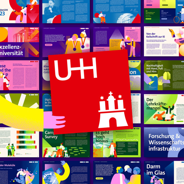 Aufgabenstellung: Corporate Design / Identity Design, Kunst & Illustration | Kunde: Universität Hamburg | Jahr: 2024 | Projekt: Universität Hamburg. Jahresbericht 2023.